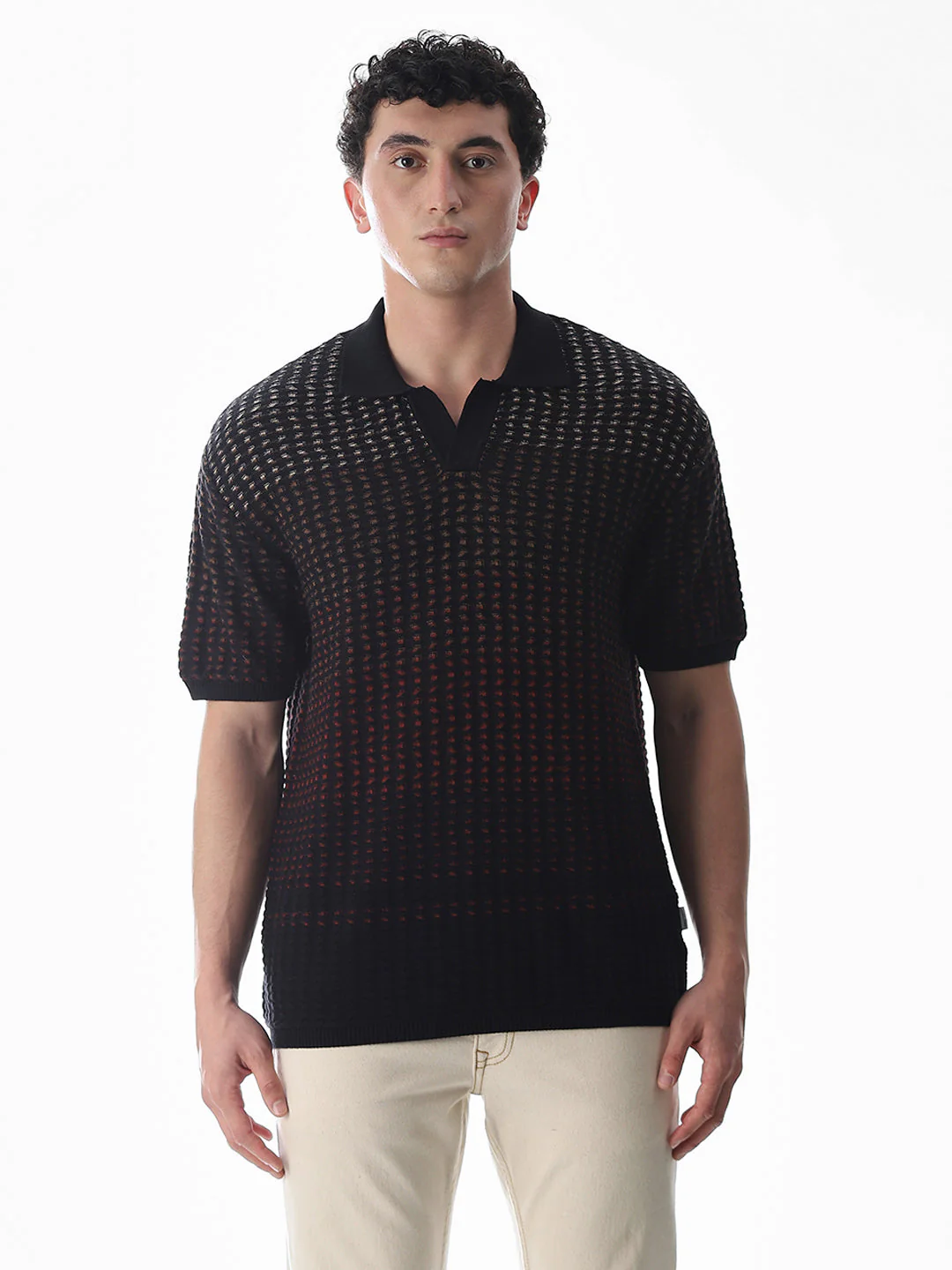 Black Jacquard Knitted Boxy Fit Polo - Image 8
