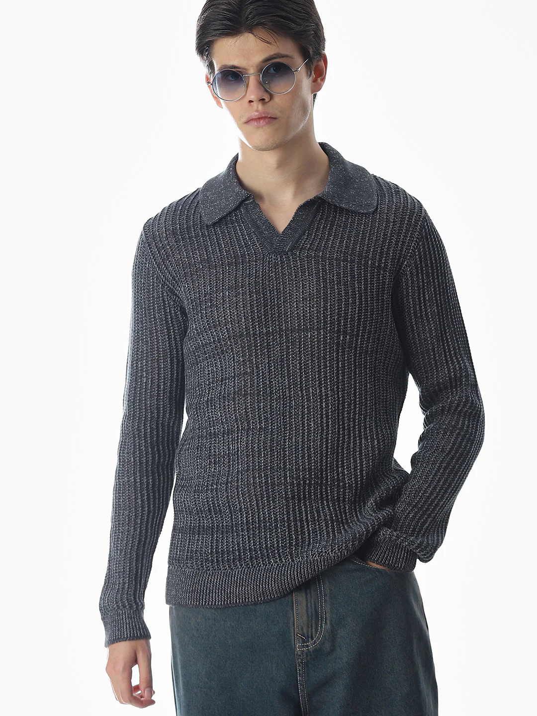 Dark Grey Knitted Boxy Fit Polo