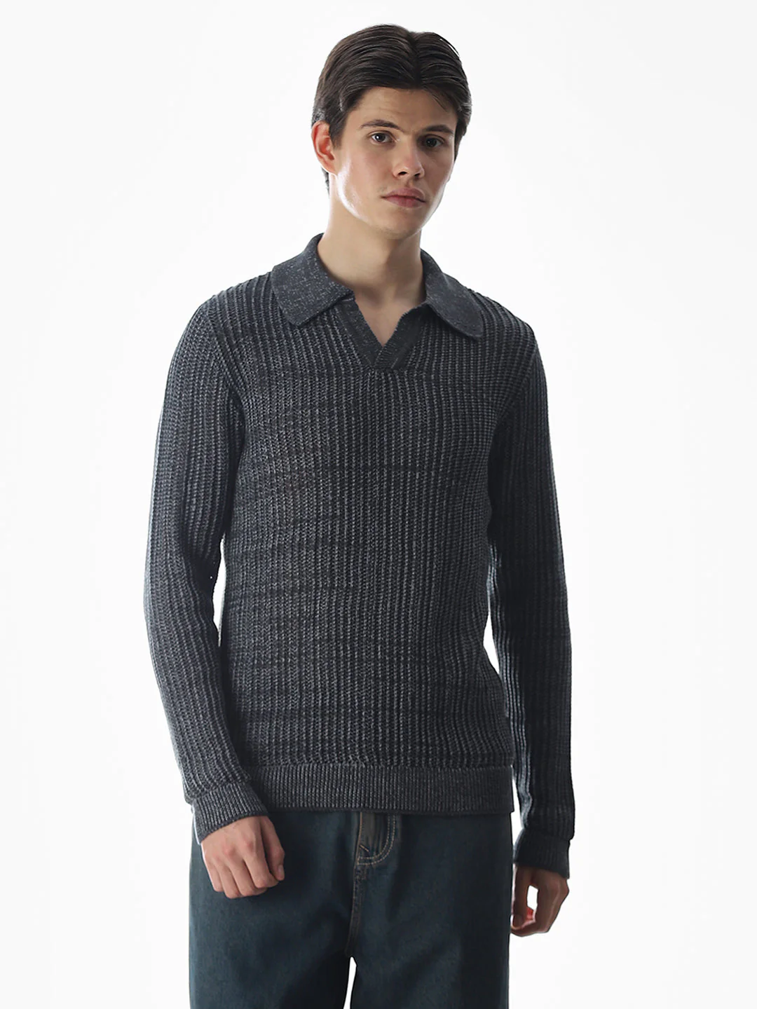 Dark Grey Knitted Boxy Fit Polo - Image 2