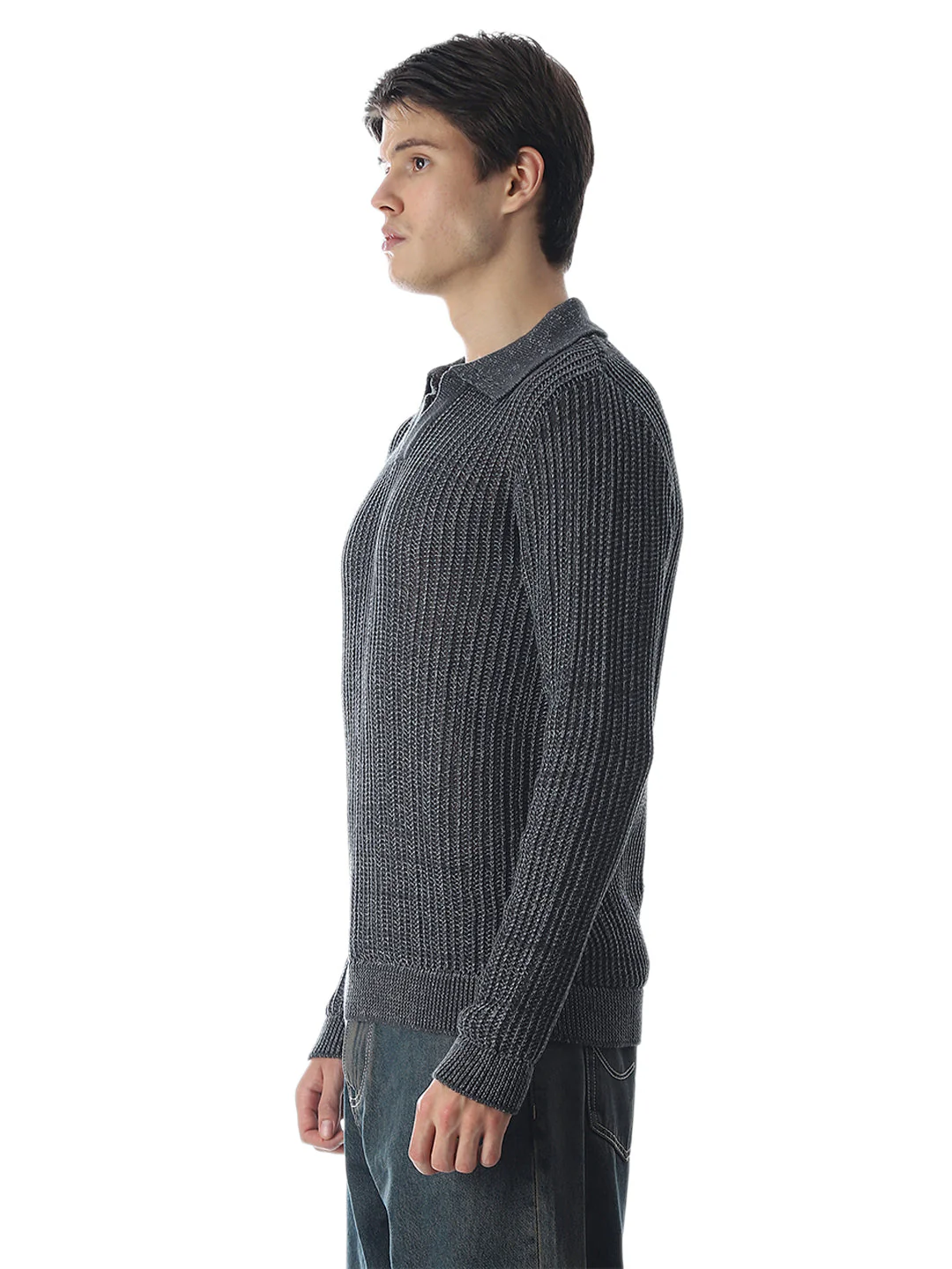 Dark Grey Knitted Boxy Fit Polo - Image 3