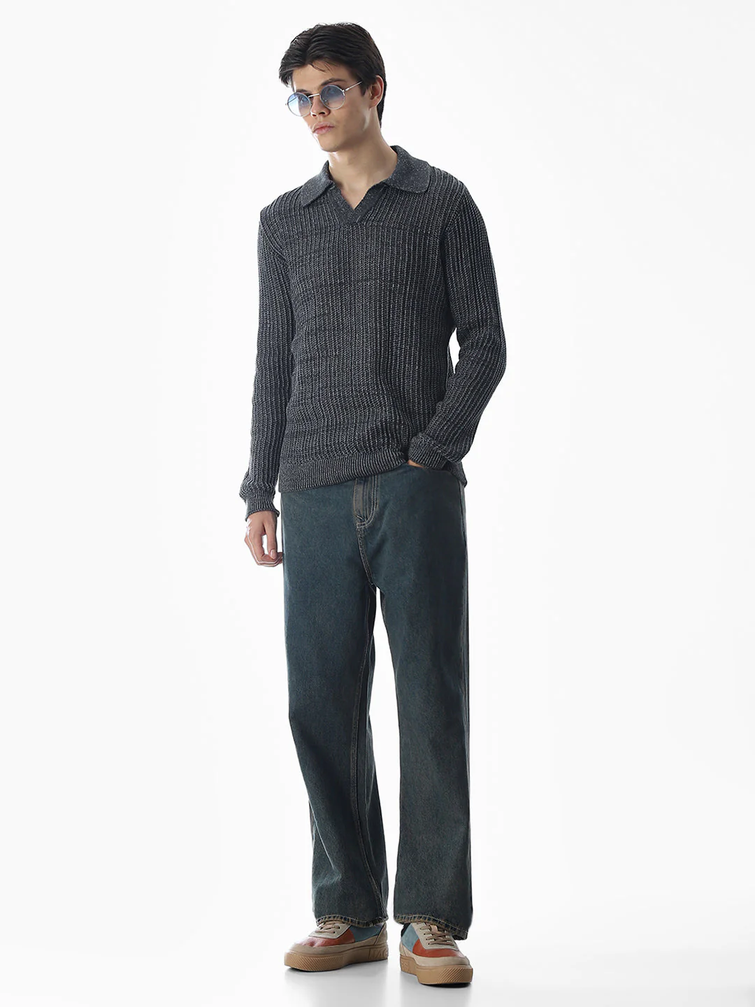 Dark Grey Knitted Boxy Fit Polo - Image 6