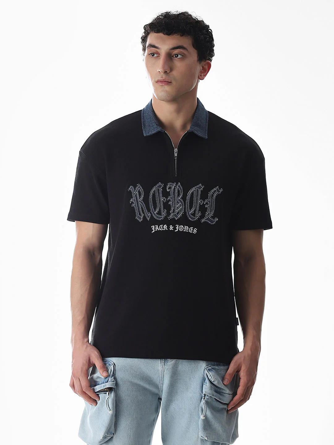 Black Logo Print Drop Shoulder Polo - Image 2