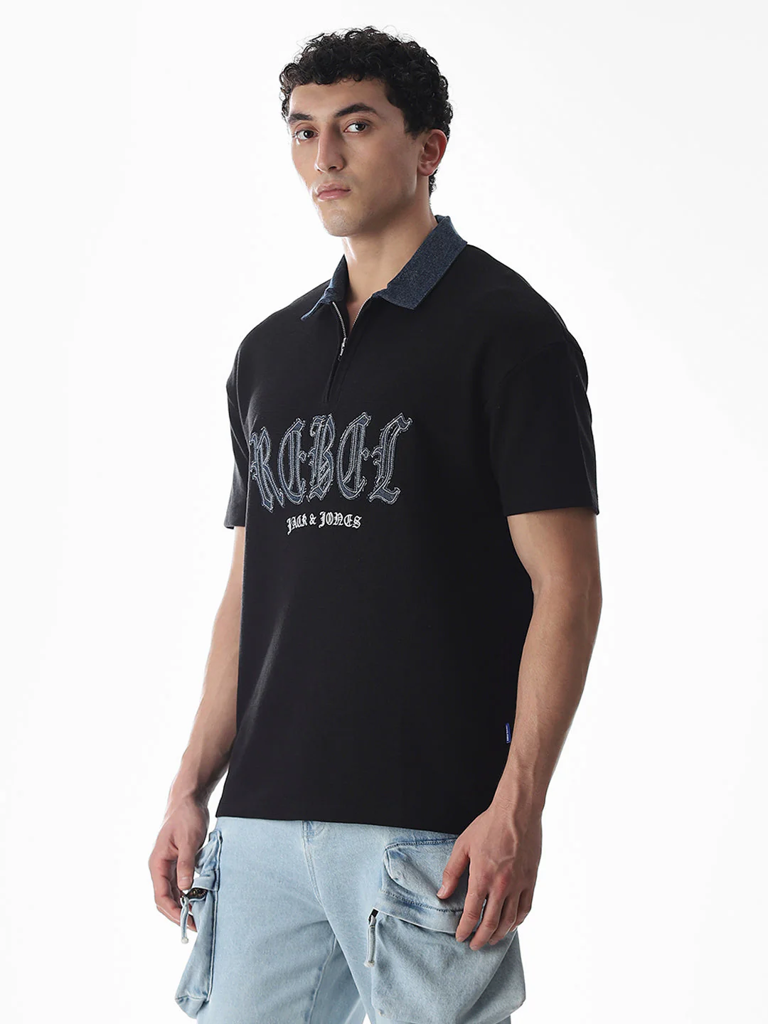 Black Logo Print Drop Shoulder Polo - Image 3