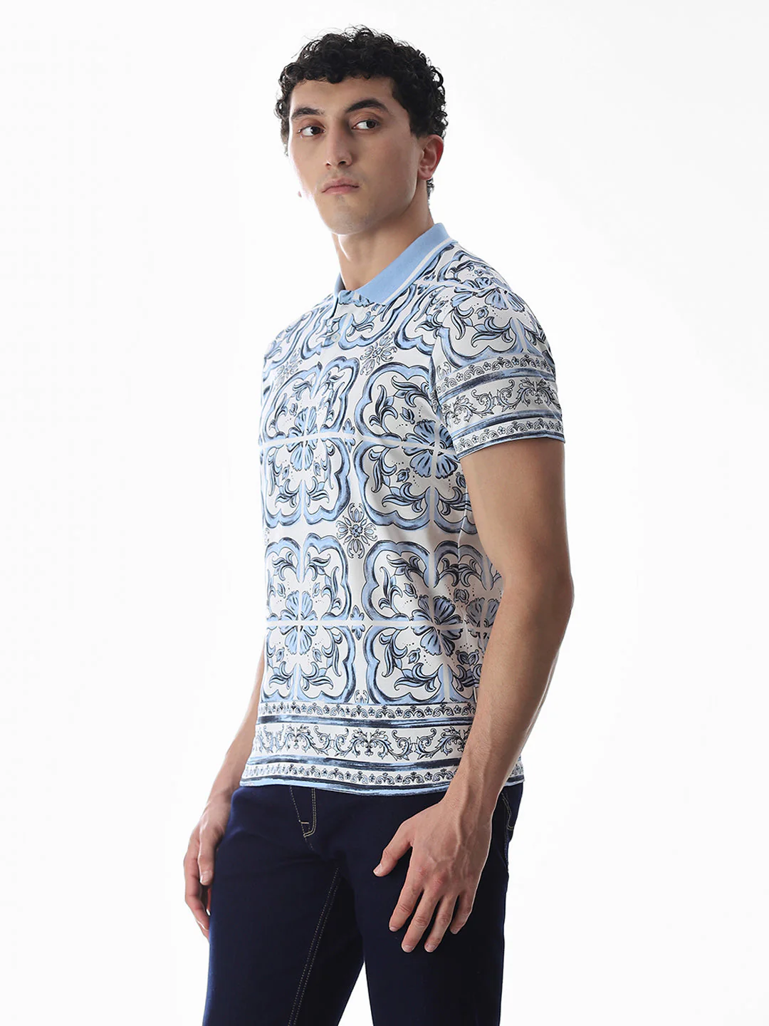 White & Blue Printed Cotton Polo - Image 3