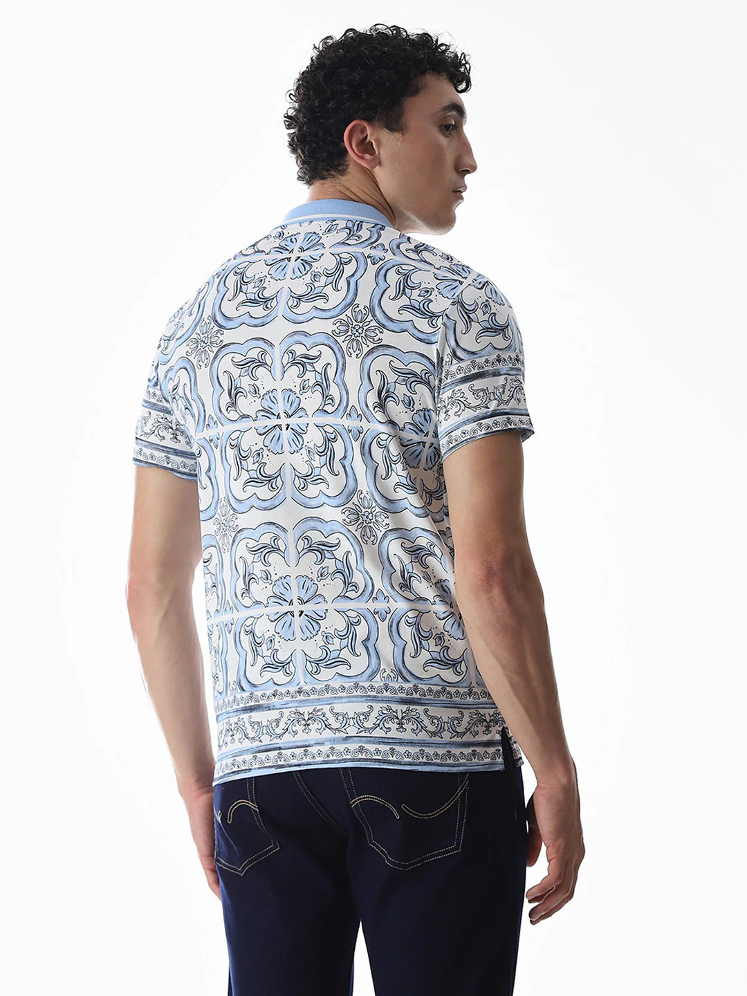 White & Blue Printed Cotton Polo - Image 4