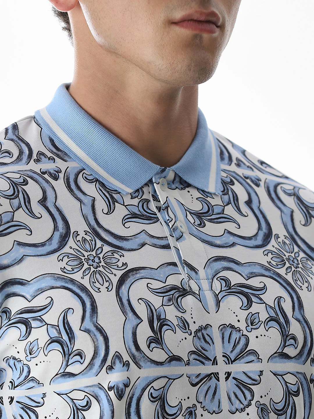 White & Blue Printed Cotton Polo - Image 5