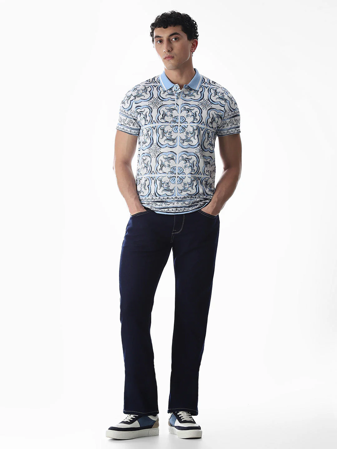 White & Blue Printed Cotton Polo - Image 6