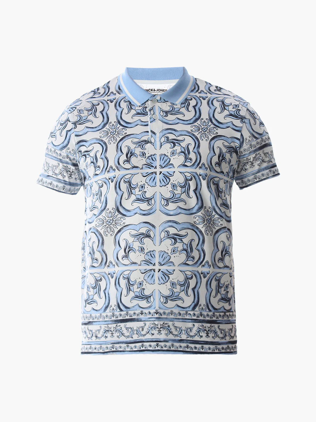White & Blue Printed Cotton Polo - Image 7