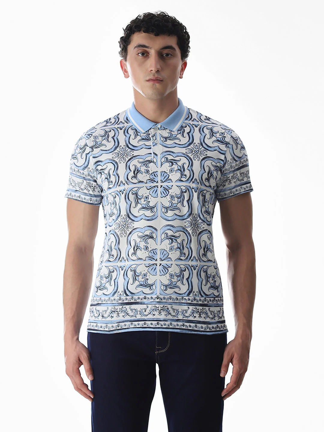 White & Blue Printed Cotton Polo - Image 8