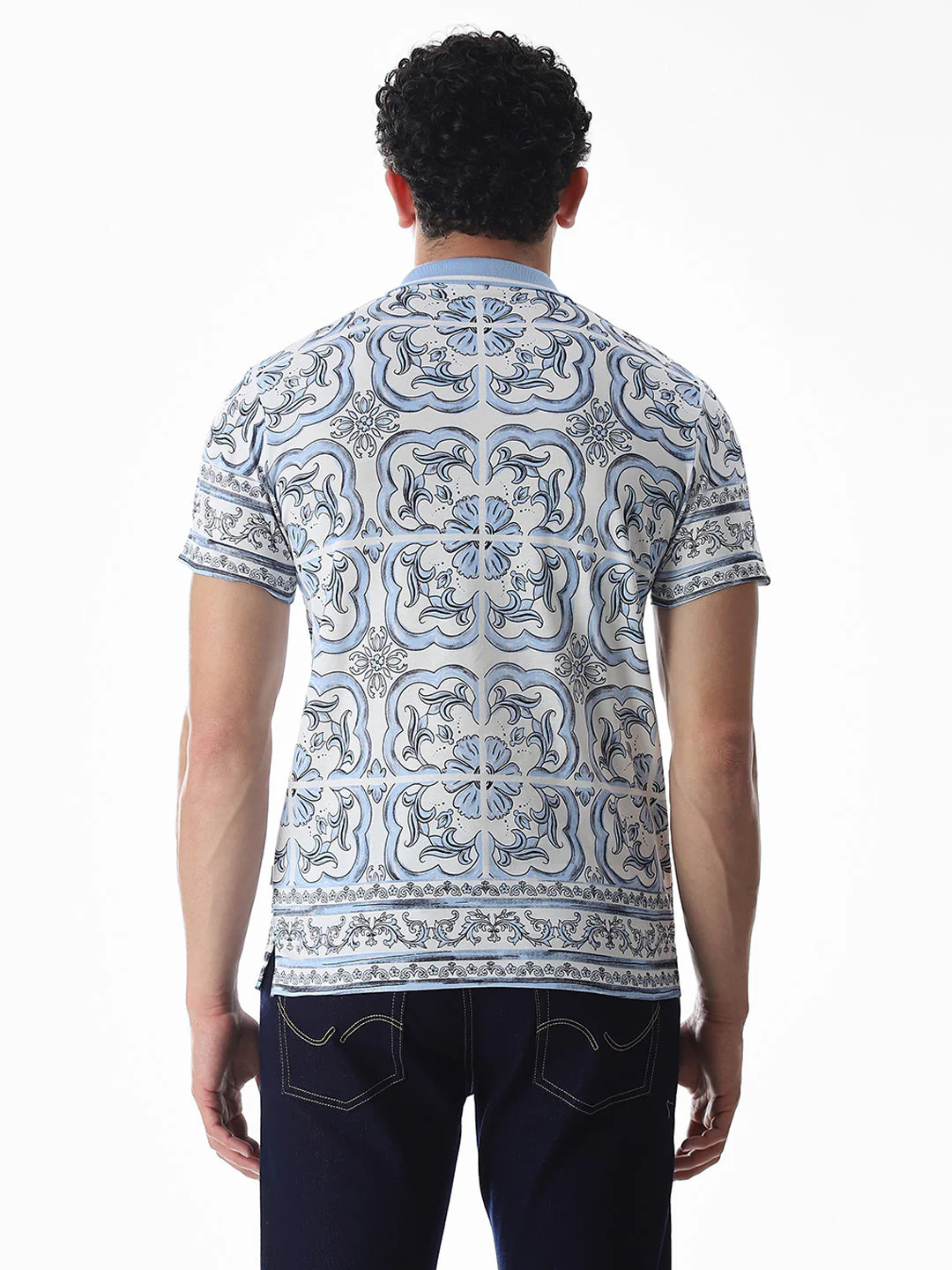White & Blue Printed Cotton Polo - Image 9