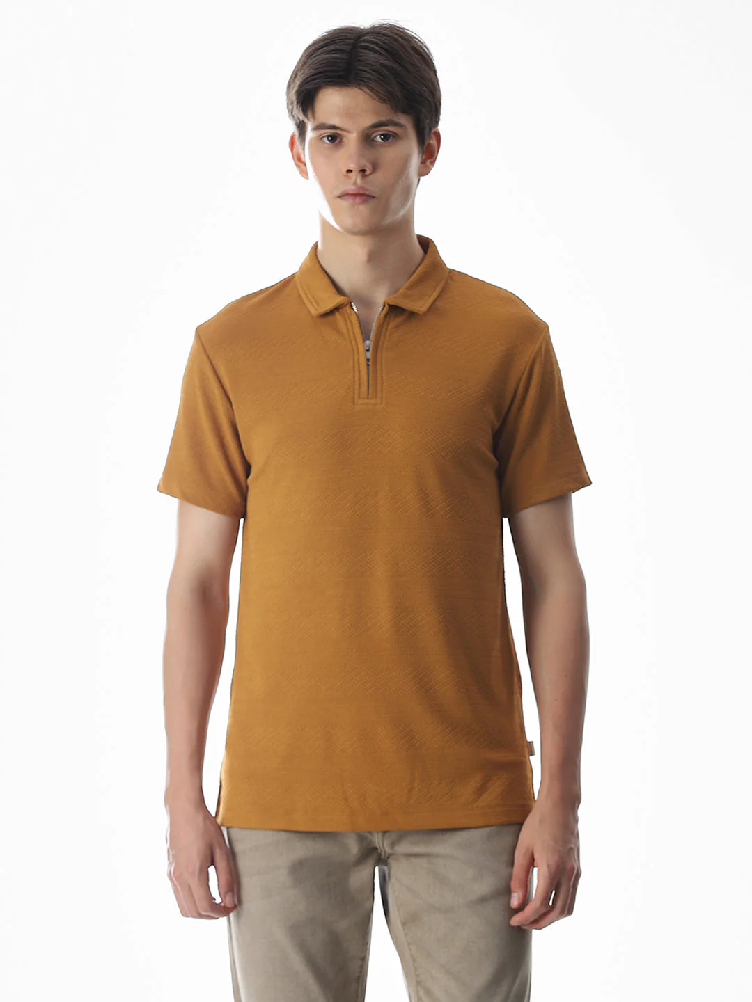 Brown Jacquard Half-Zip Polo - Image 2