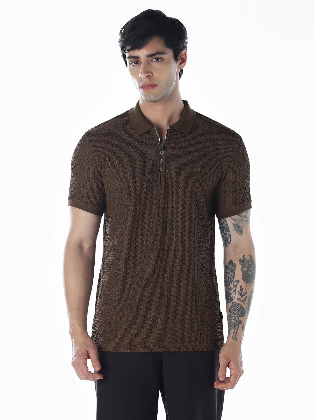 Zip Detail Brown Polo - Image 2