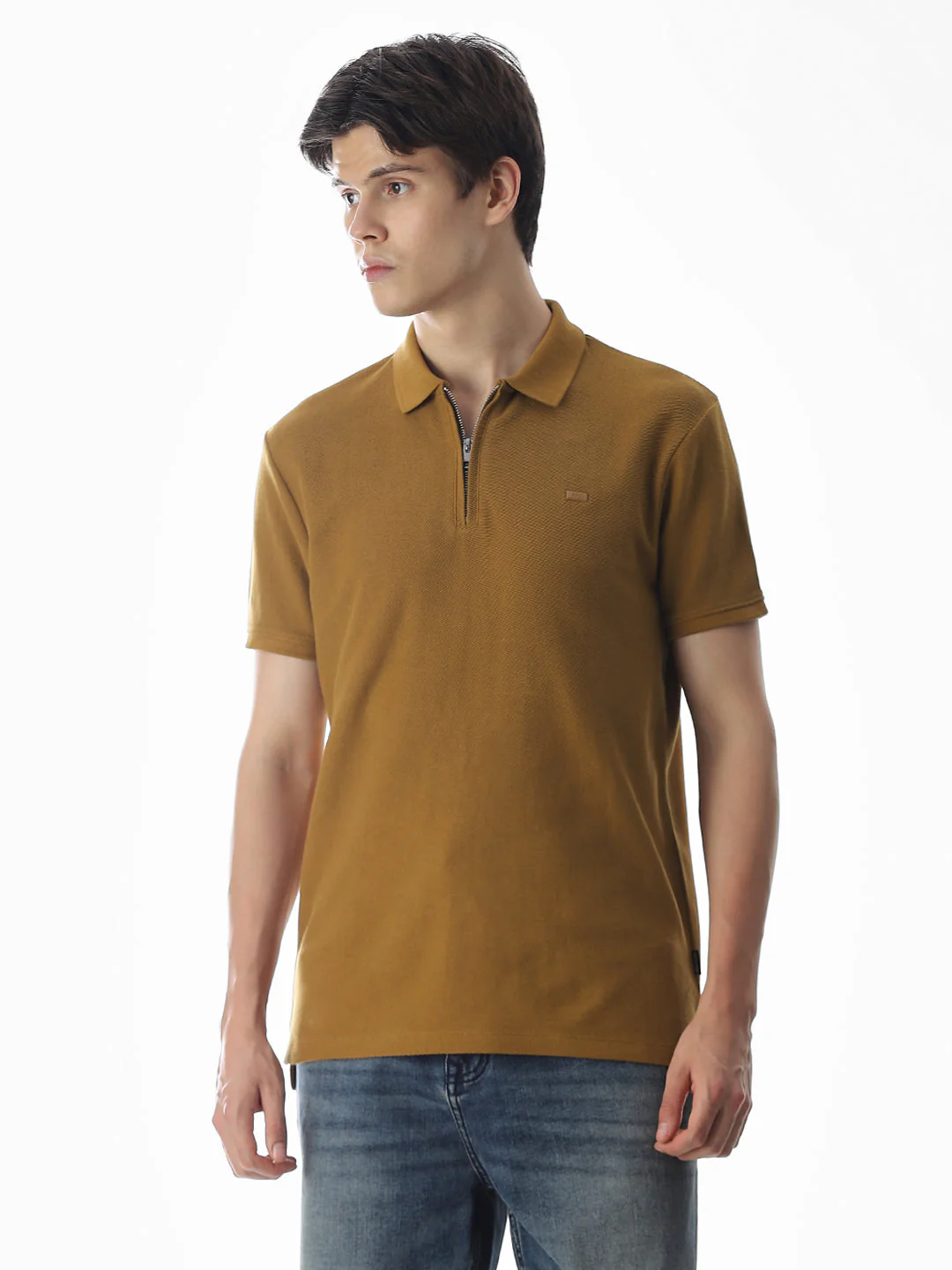 Brown Zip-Up Cotton Polo - Image 2