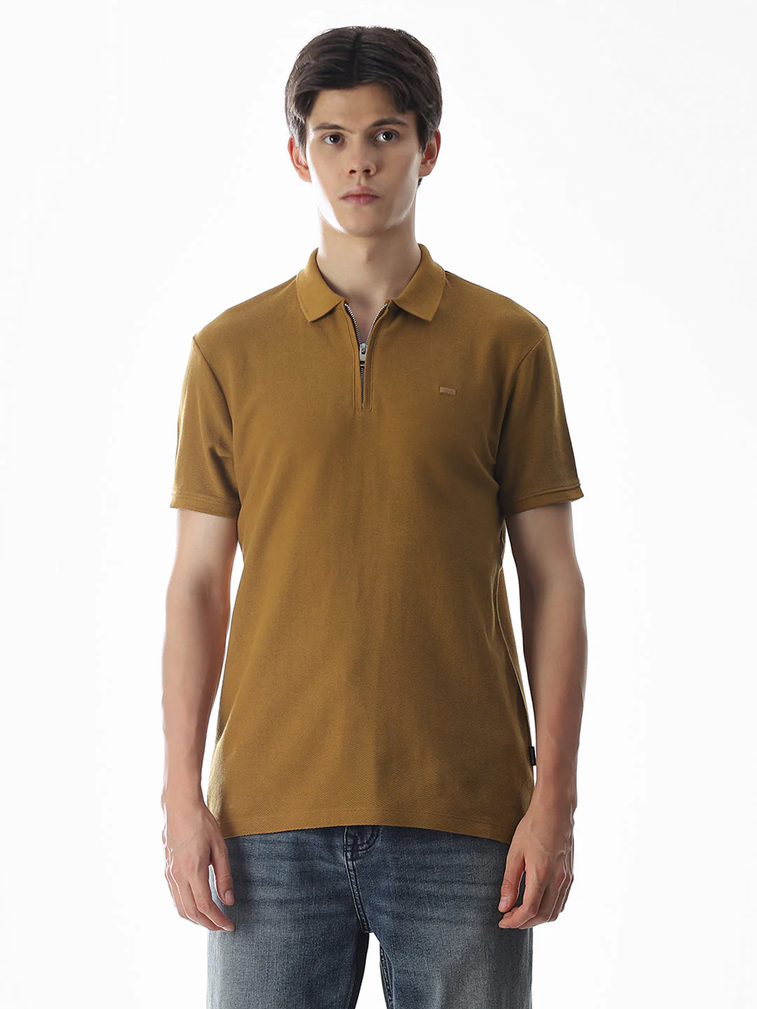 Brown Zip-Up Cotton Polo - Image 8