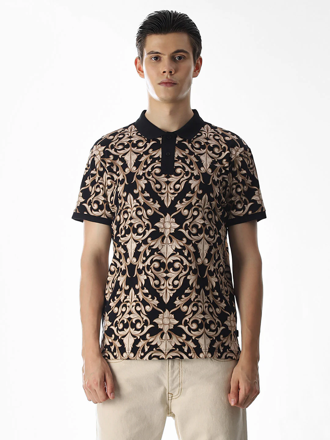 Black Printed Cotton Polo - Image 8