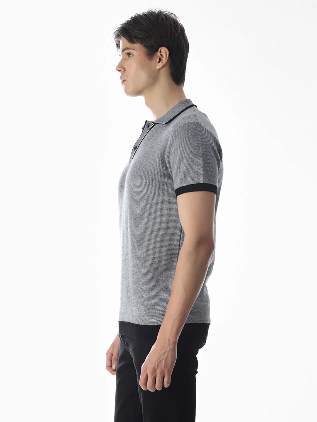 Grey Jacquard Knitted Polo - Image 3