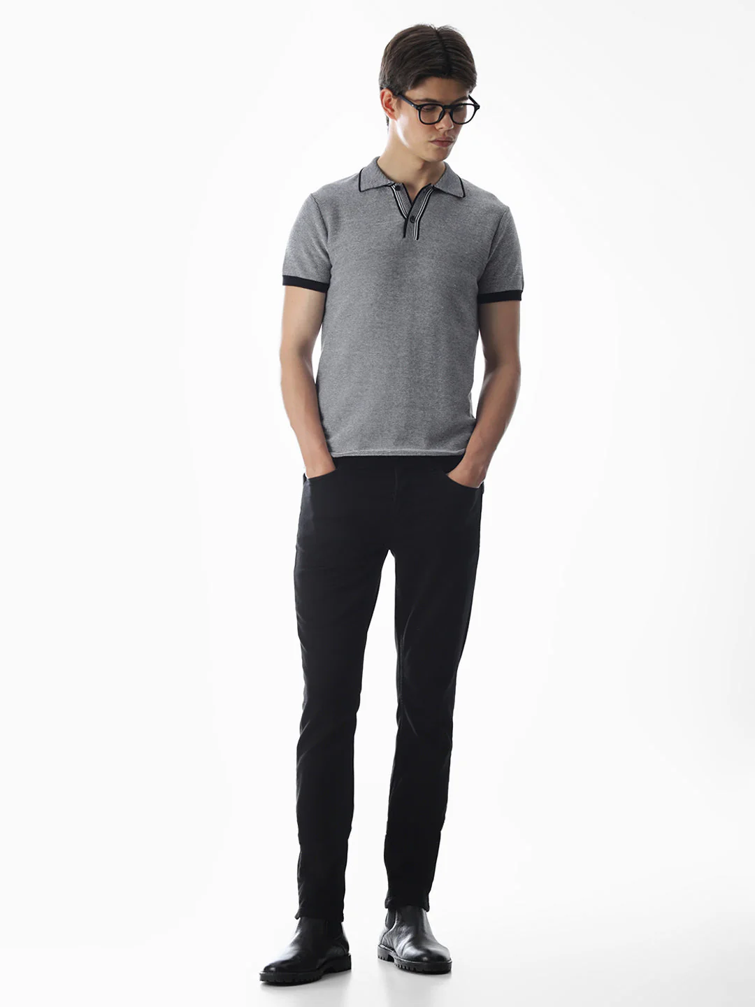 Grey Jacquard Knitted Polo - Image 6