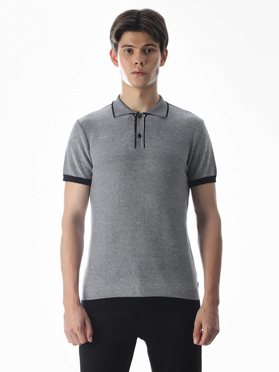 Grey Jacquard Knitted Polo - Image 8