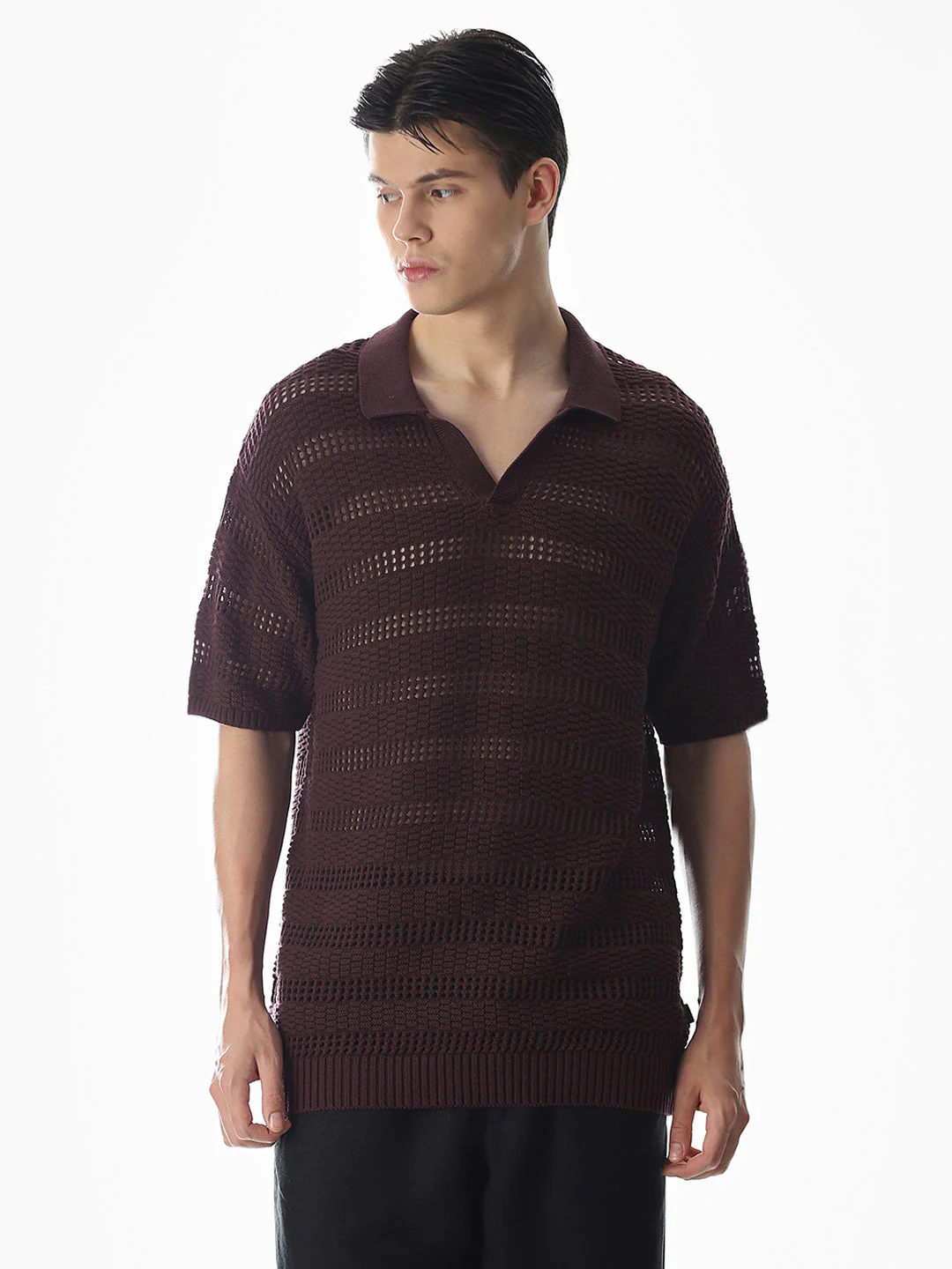 Wine Knitted Jacquard Oversized Polo - Image 2