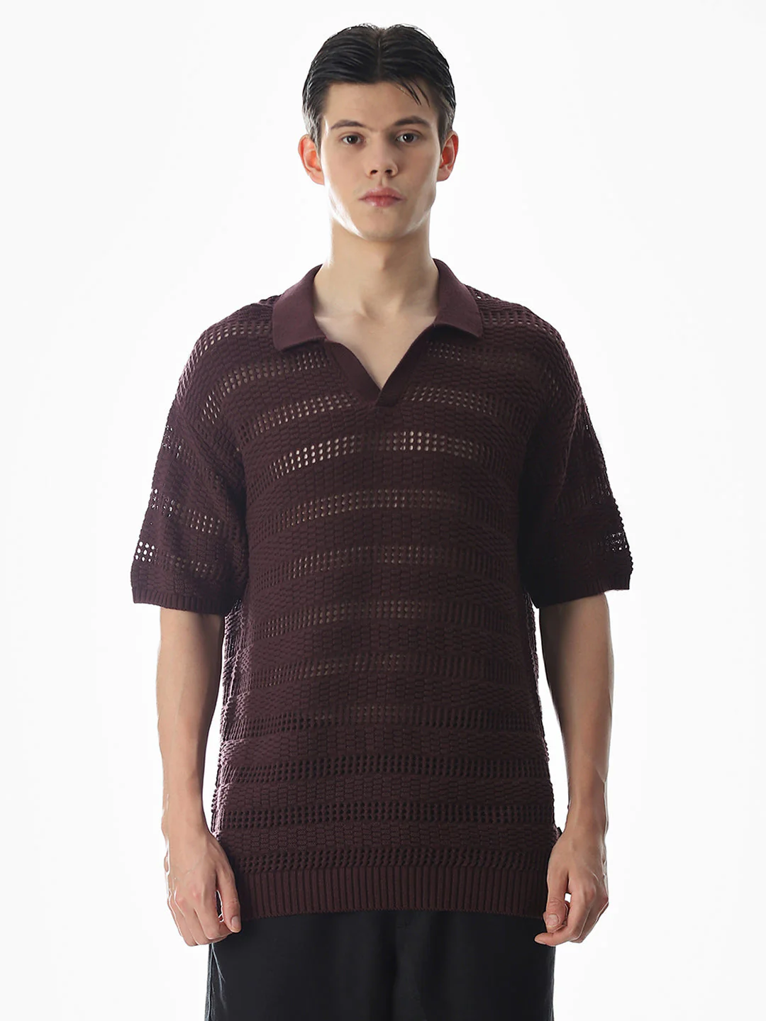 Wine Knitted Jacquard Oversized Polo - Image 8