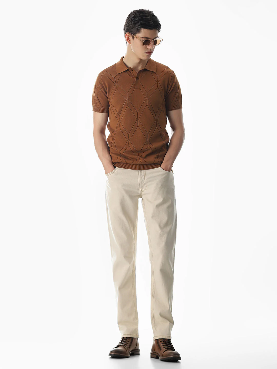 Brown Knitted Jacquard Polo - Image 6