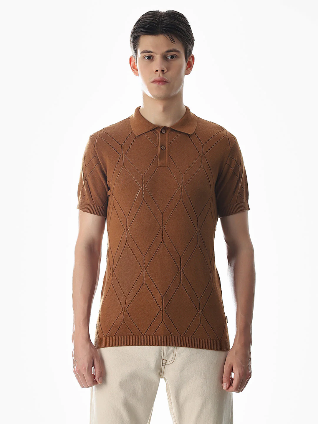 Brown Knitted Jacquard Polo - Image 8