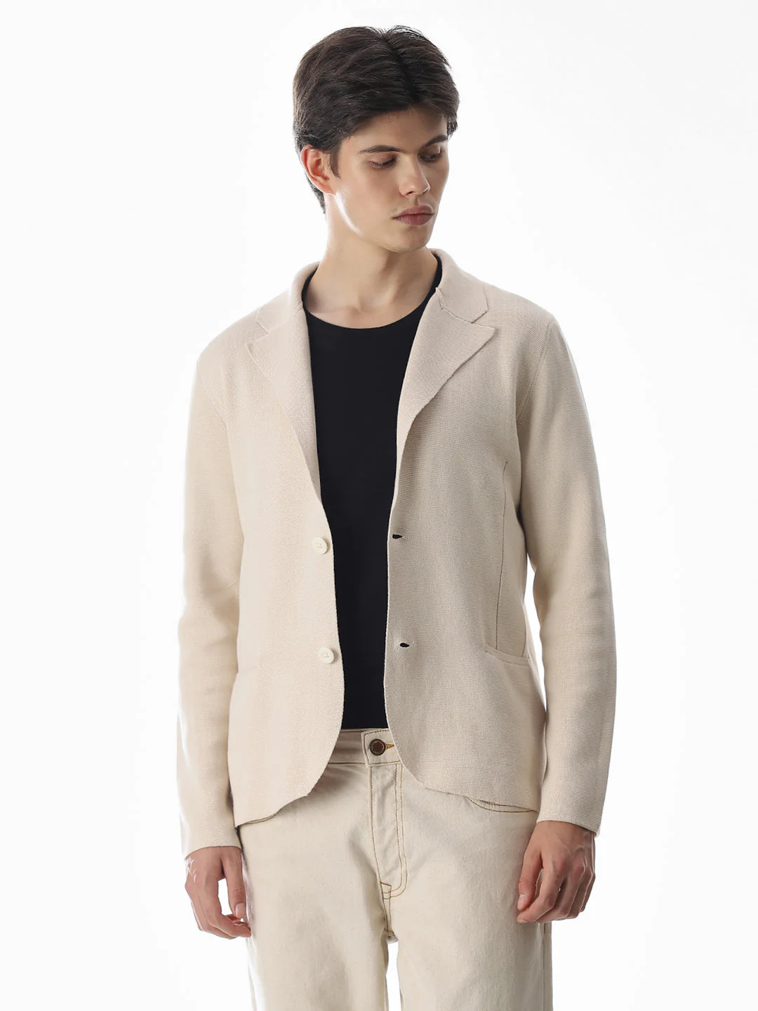 Beige Front Open Knitted Blazer - Image 2