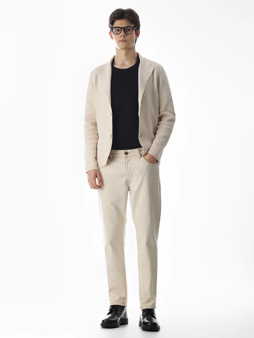 Beige Front Open Knitted Blazer - Image 7