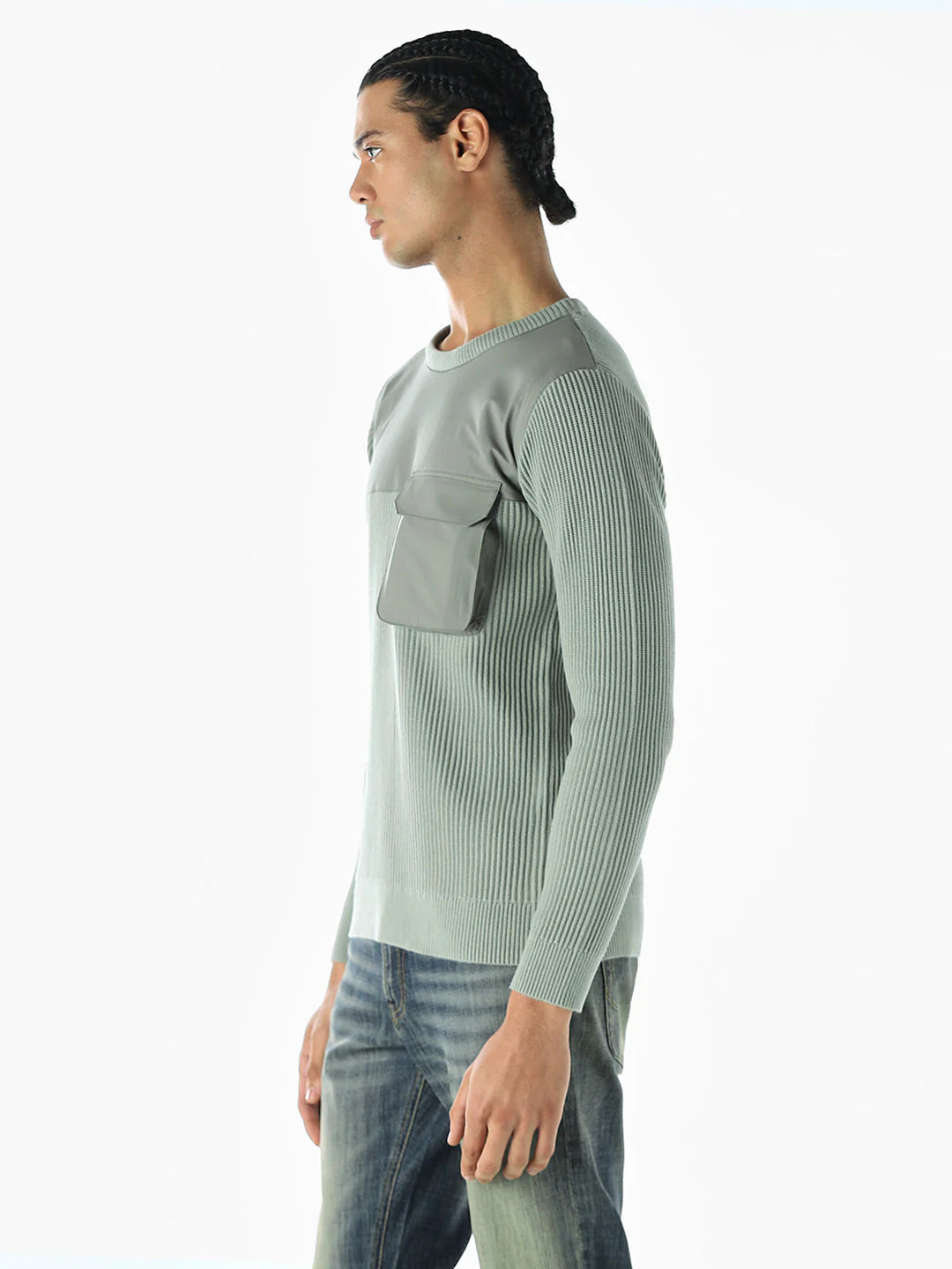 Knitted Crew Neck Green Pullover - Image 3