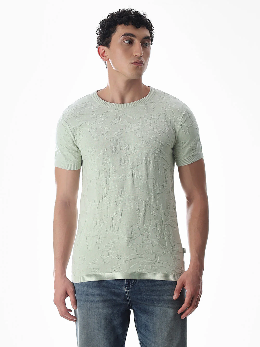 Green Jacquard Crew Neck T-shirt - Image 2