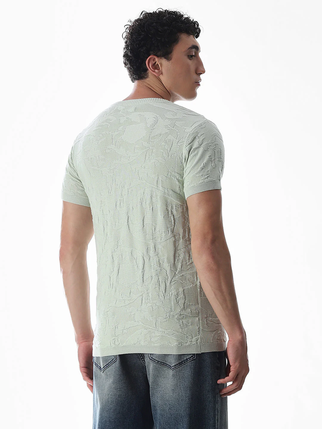 Green Jacquard Crew Neck T-shirt - Image 4