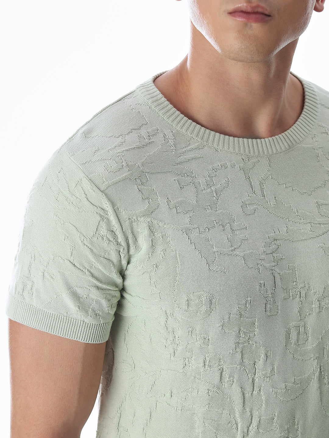 Green Jacquard Crew Neck T-shirt - Image 5