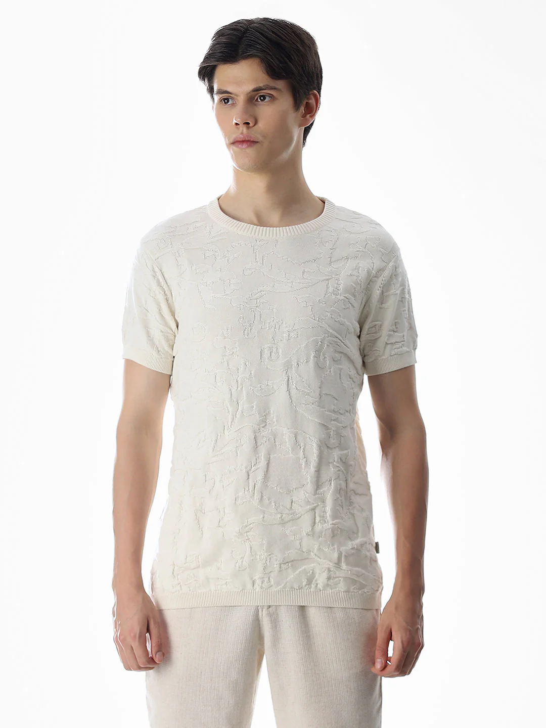 White Jacquard Crew Neck T-shirt - Image 2
