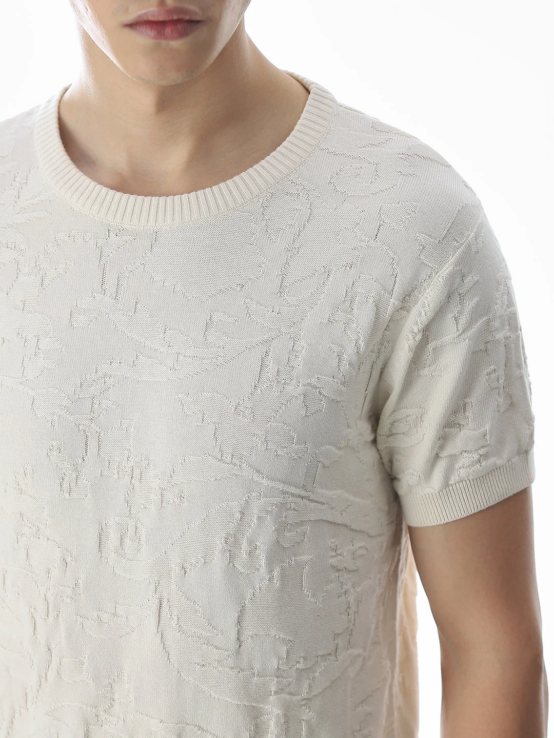White Jacquard Crew Neck T-shirt - Image 5