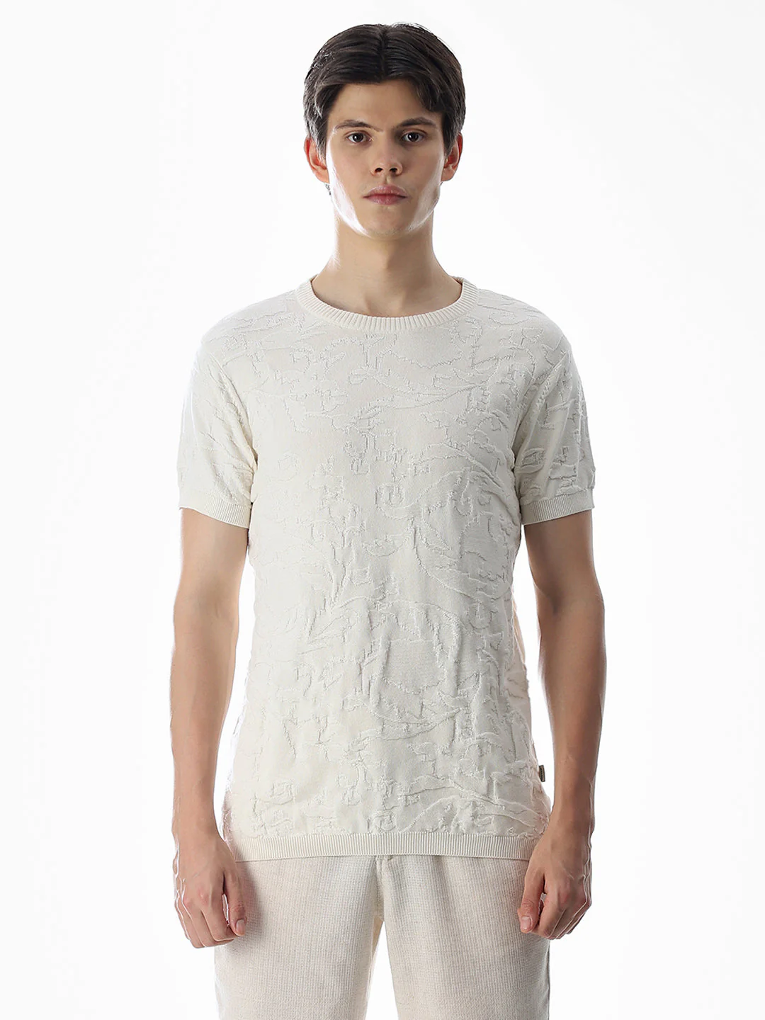 White Jacquard Crew Neck T-shirt - Image 8