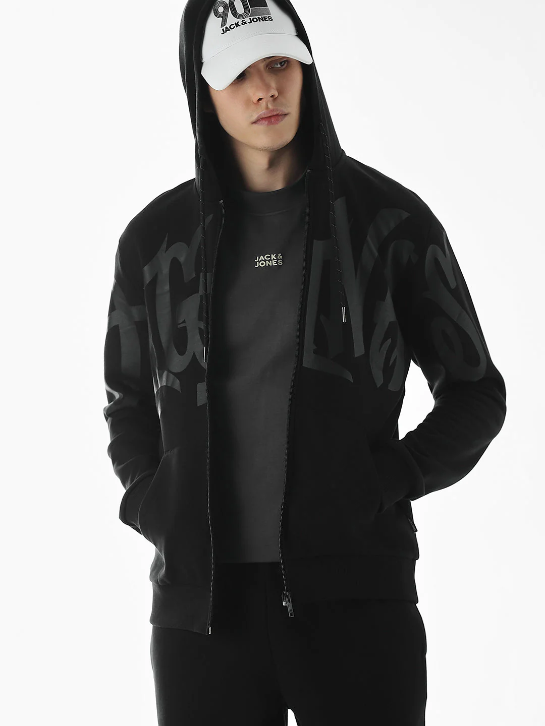 Black Typographic Print Front Open Sweatshirt