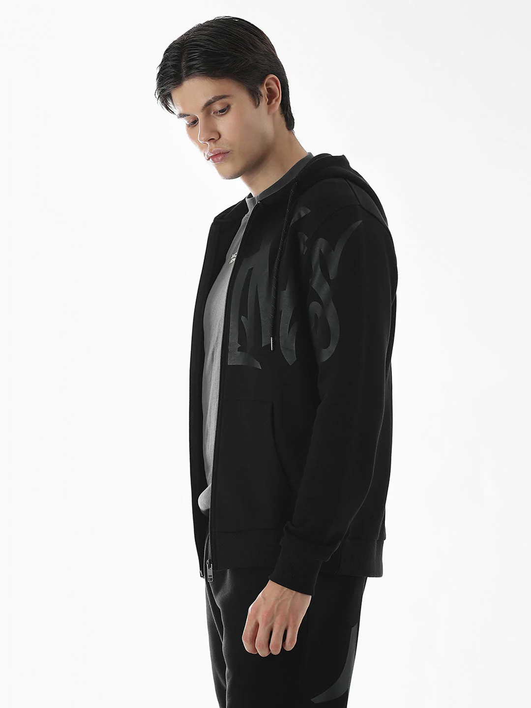 Black Typographic Print Front Open Sweatshirt - Image 3