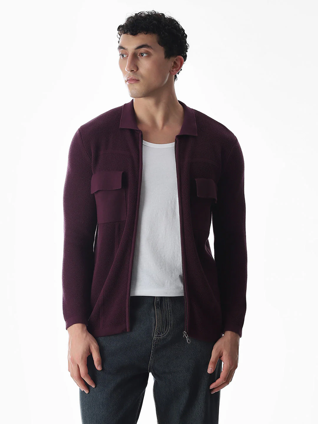 Purple Knitted Front Open Shirt - Image 2