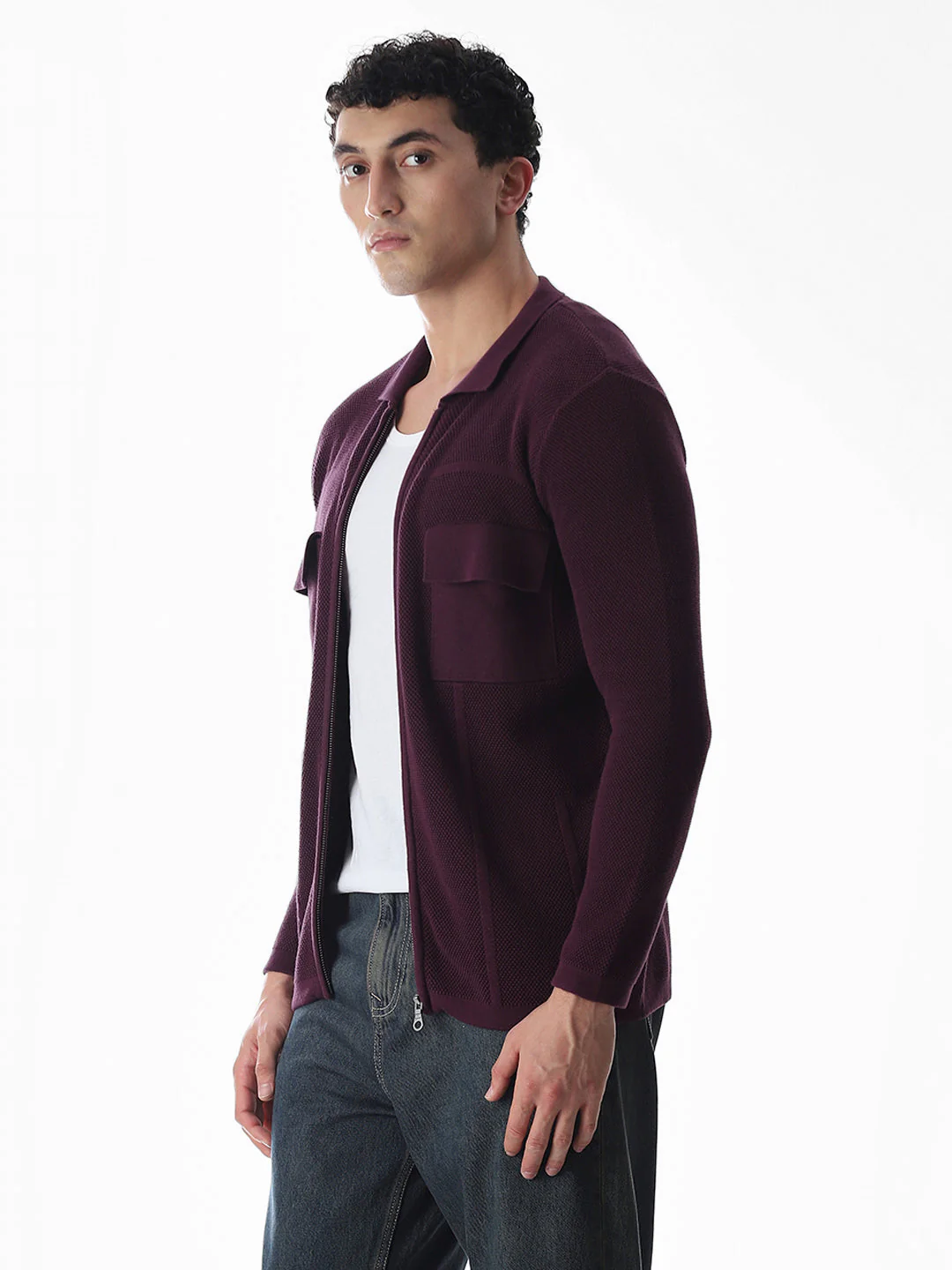 Purple Knitted Front Open Shirt - Image 3