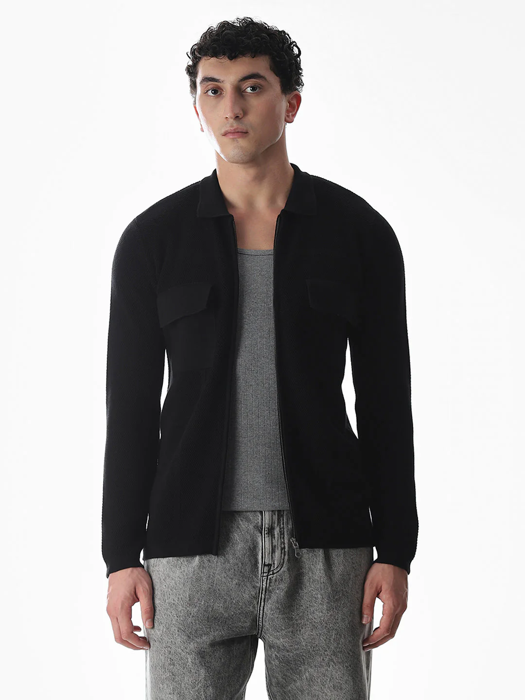 Black Knitted Front Open Shirt - Image 2