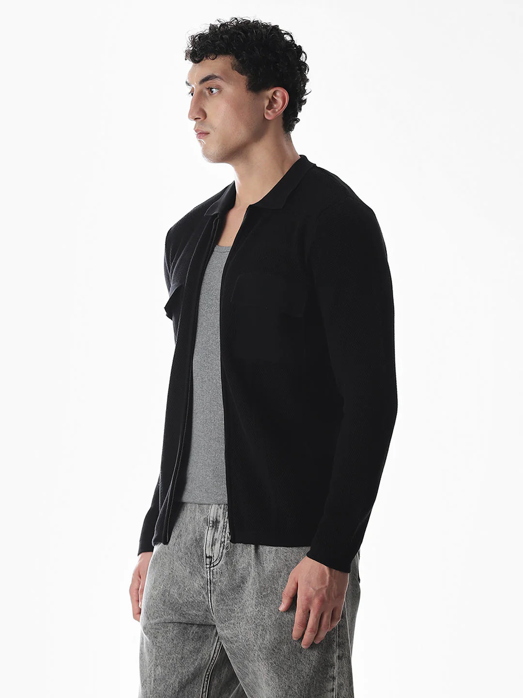 Black Knitted Front Open Shirt - Image 3