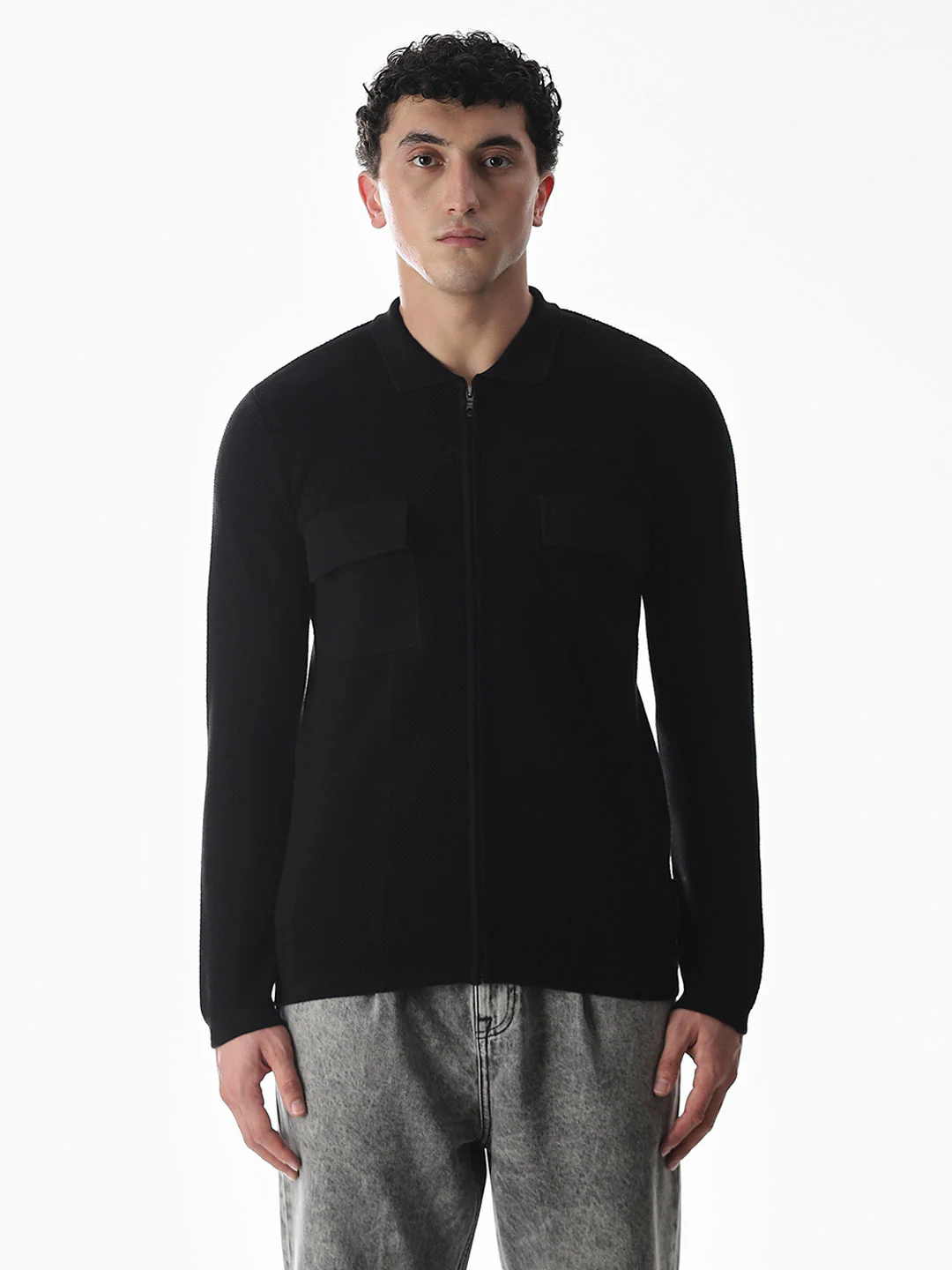 Black Knitted Front Open Shirt - Image 8