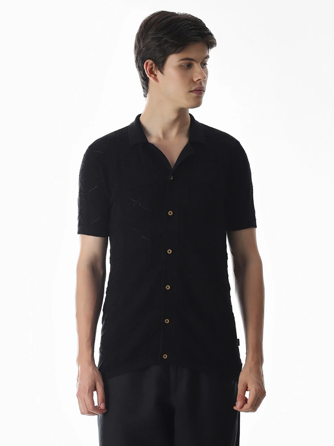 Black Knitted Jacquard Front Open Shirt - Image 2