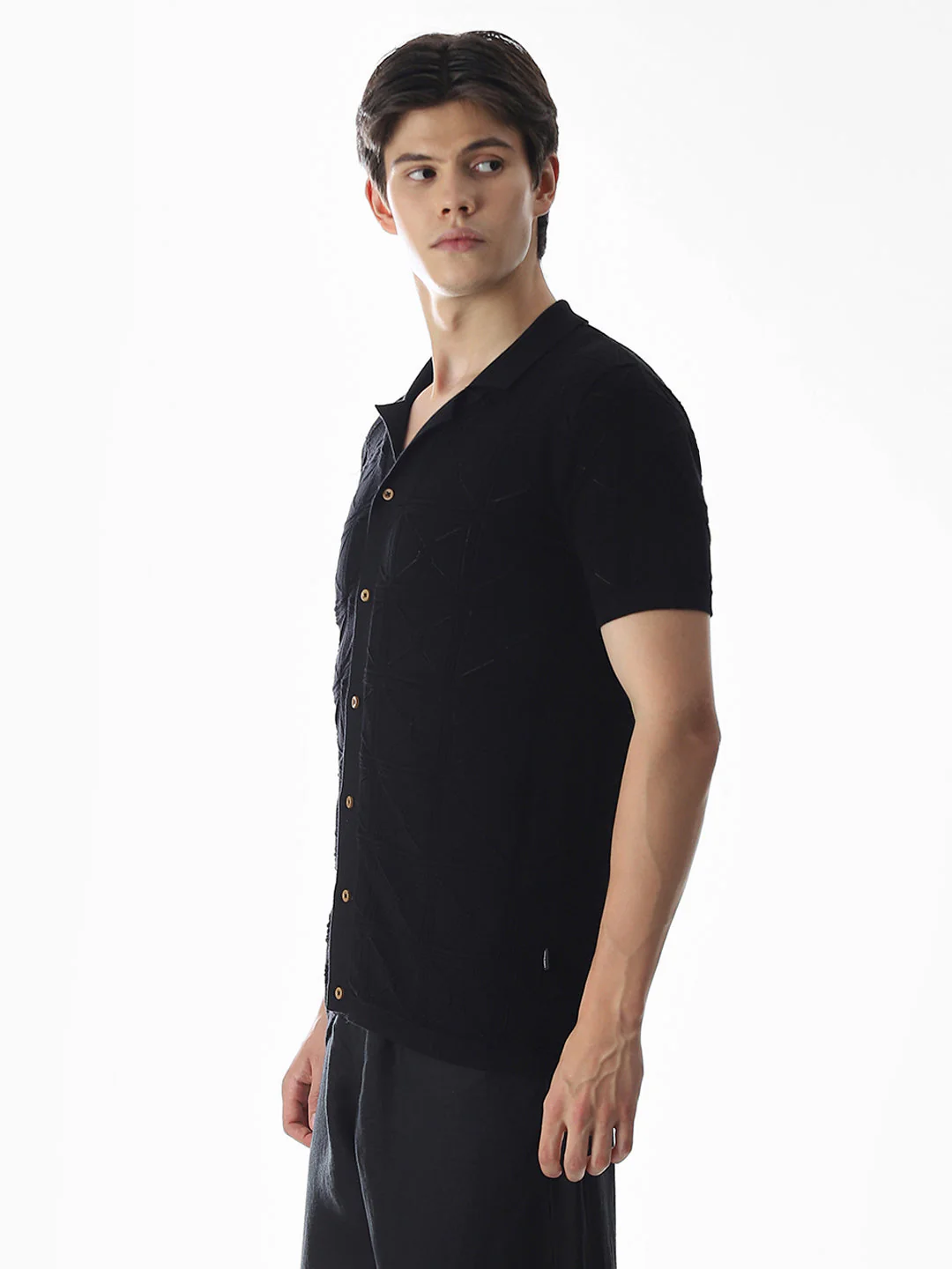 Black Knitted Jacquard Front Open Shirt - Image 3