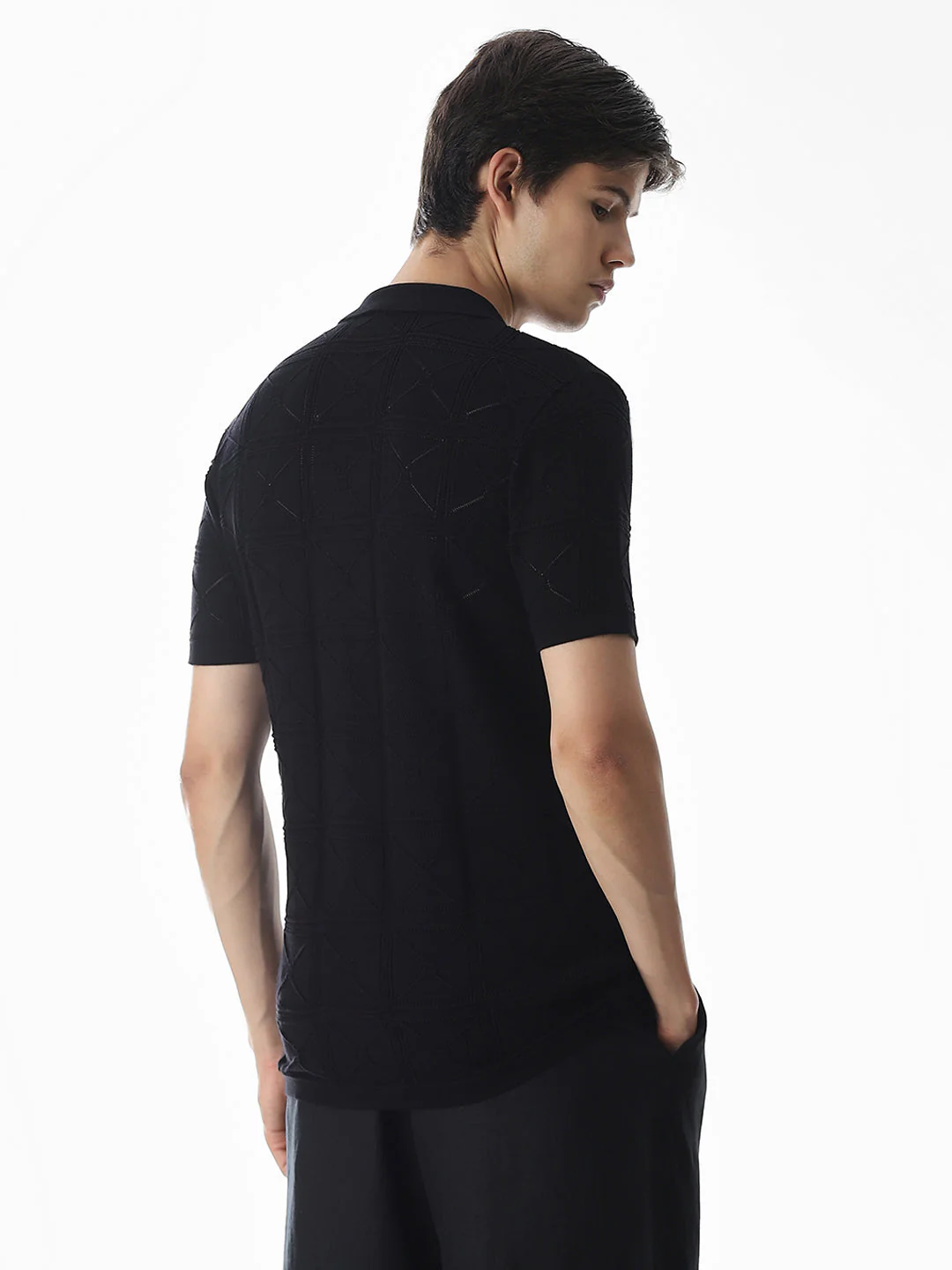 Black Knitted Jacquard Front Open Shirt - Image 4