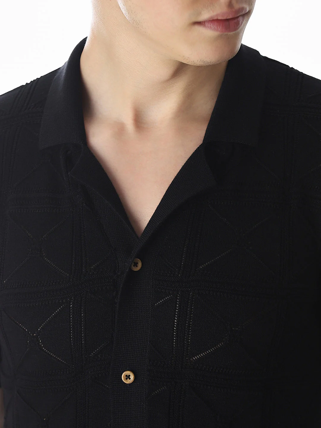 Black Knitted Jacquard Front Open Shirt - Image 5