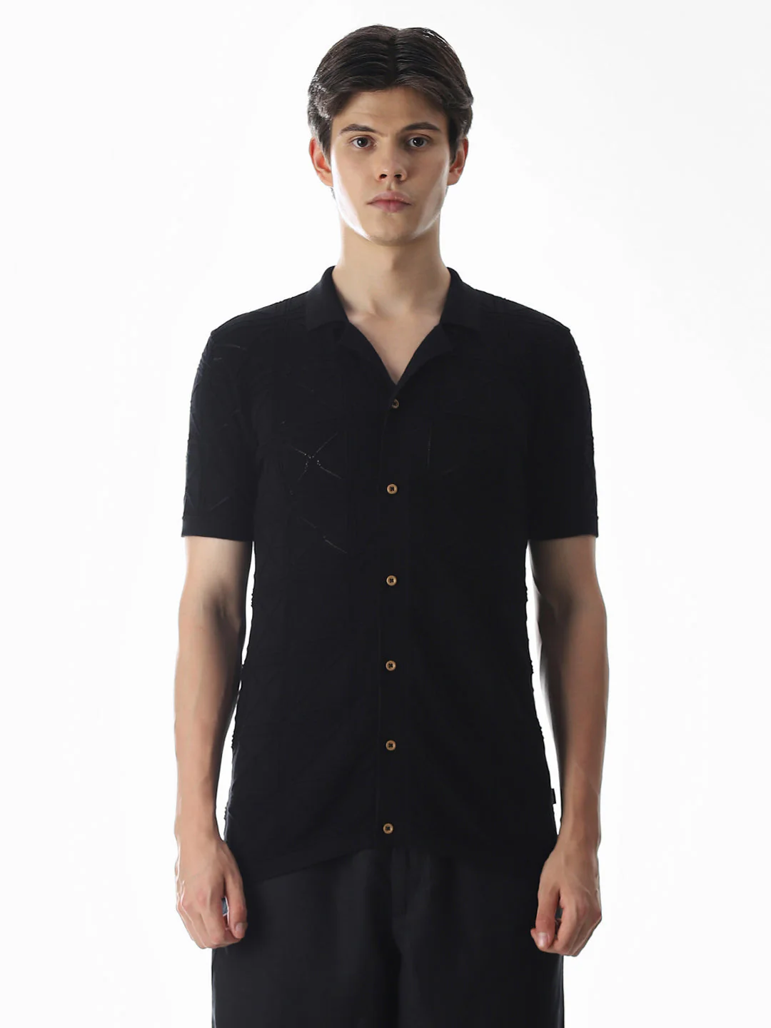 Black Knitted Jacquard Front Open Shirt - Image 8