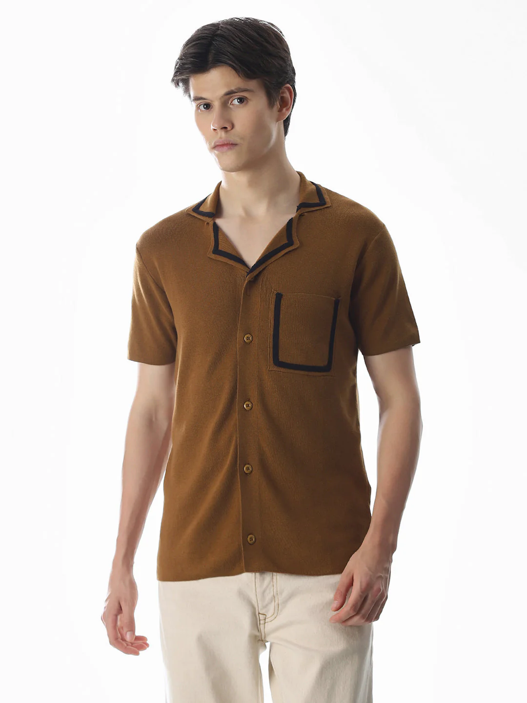 Brown Knitted Drop Shoulder Polo - Image 2