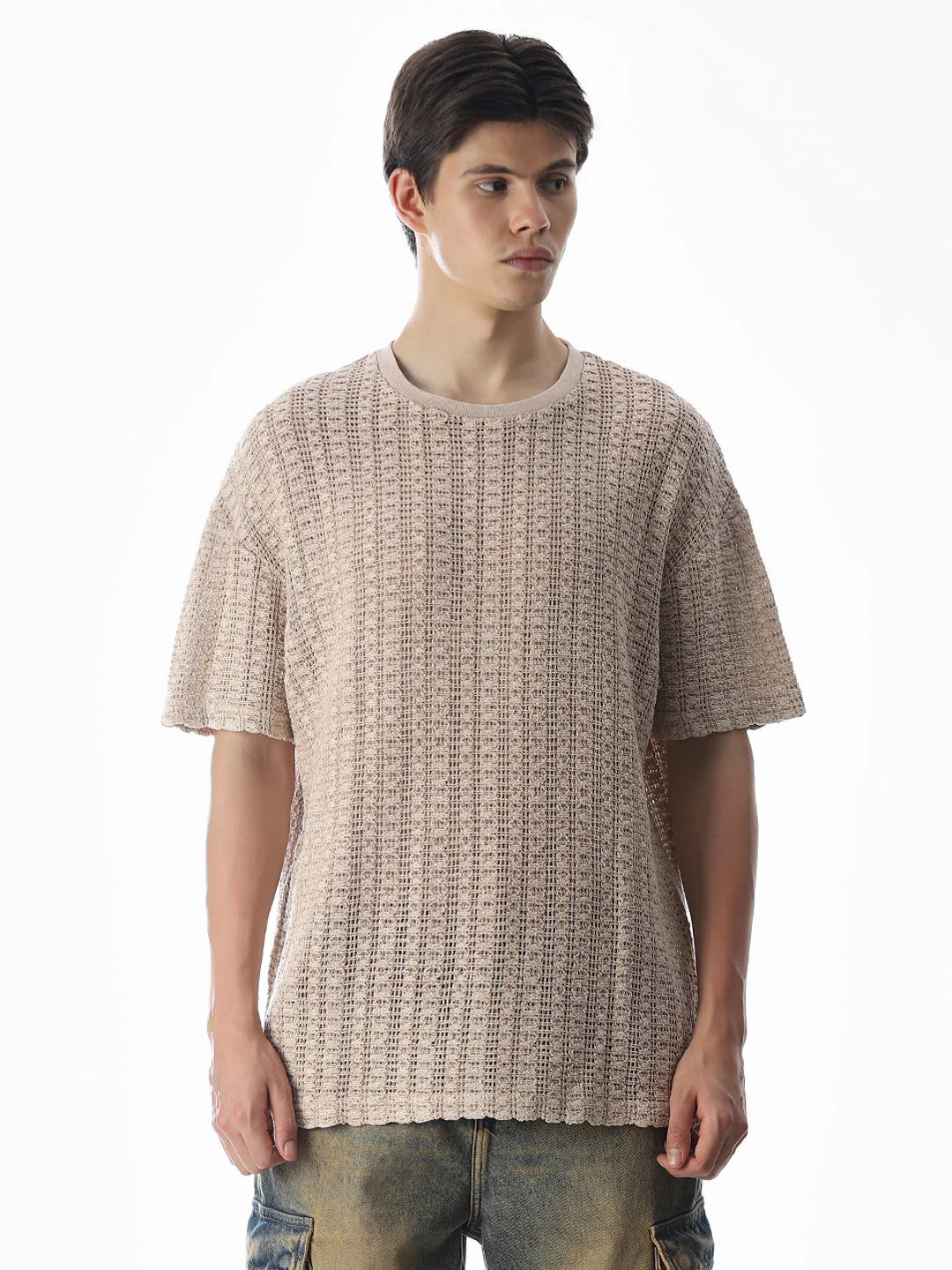 Beige Jacquard Boxy Fit T-shirt - Image 2