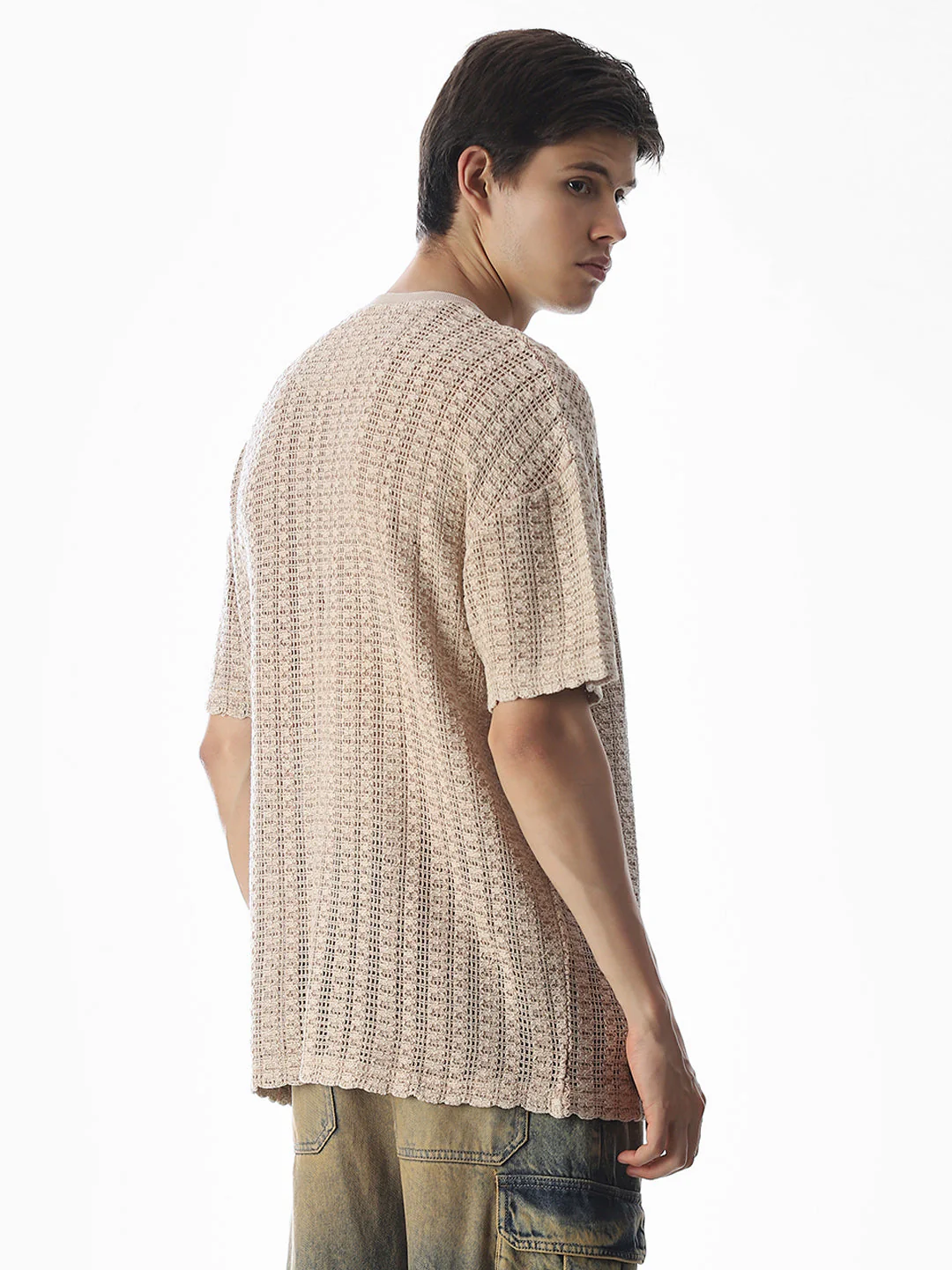 Beige Jacquard Boxy Fit T-shirt - Image 4
